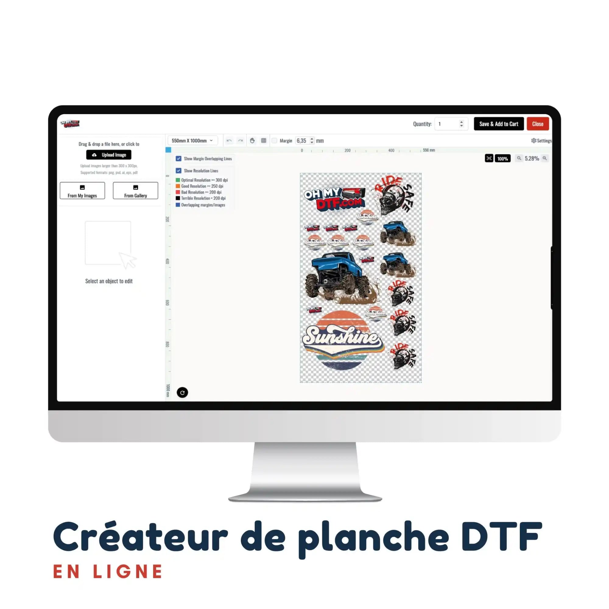 Moniteur d'ordinateur affichant une interface de conception DTF.