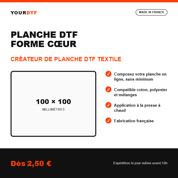 Créateur de planche DTF personnalisée forme cœur, 100 x 100 mm - YourDtf