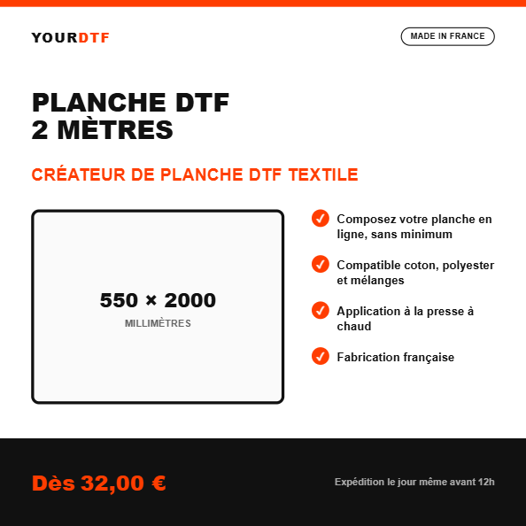 Créateur planche DTF personnalisée 2 mètres, 550 x 2000 mm - YourDtf