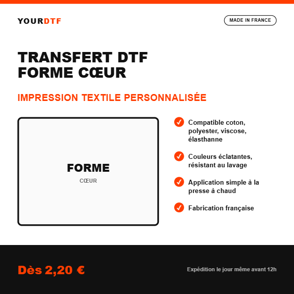 Transfert DTF forme cœur, flocage textile personnalisé - YourDtf