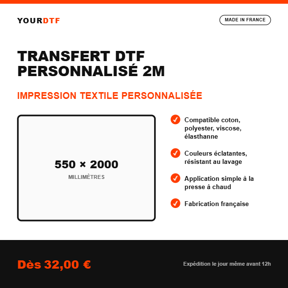 Transfert DTF personnalisé 2 mètres, impression 550 x 2000 mm - YourDtf